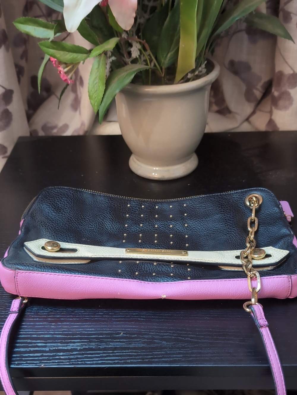 Gianni Bini Black, Pink and Cream Leather Crossbody with Gold Chain